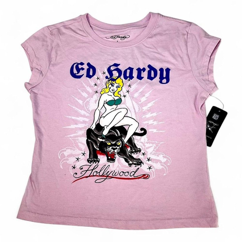 NWT Ed Hardy Pink Hollywood Candy baby t sexy woman on panther printed graphic L
